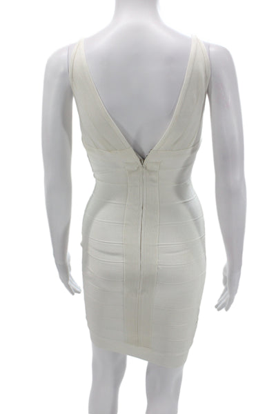 Herve Leger Women Bodycon Ivory V-Neck Sleeveless Zip Short Dress Size S
