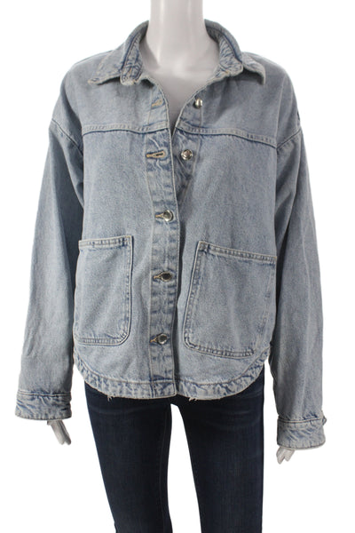 Zara Women Basic Jacket Blue 100% Cotton Long Sleeve Button Solid Size XS