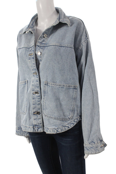 Zara Women Basic Jacket Blue 100% Cotton Long Sleeve Button Solid Size XS