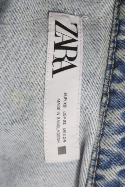Zara Women Basic Jacket Blue 100% Cotton Long Sleeve Button Solid Size XS