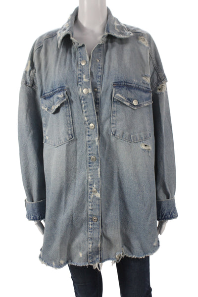 Zara Womens Blue Basic Jacket 100% Cotton Long Sleeve Button Closure Size S