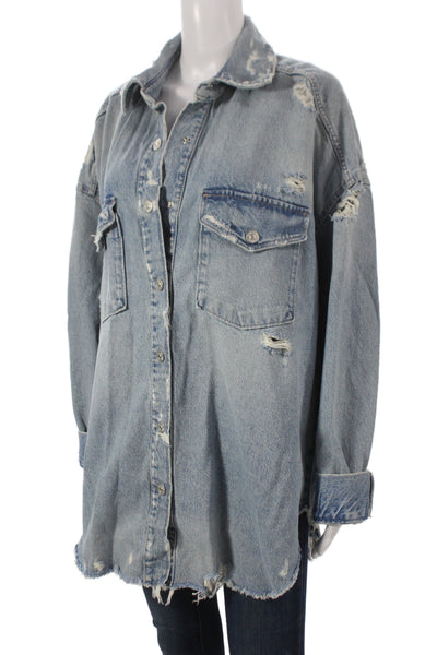 Zara Womens Blue Basic Jacket 100% Cotton Long Sleeve Button Closure Size S