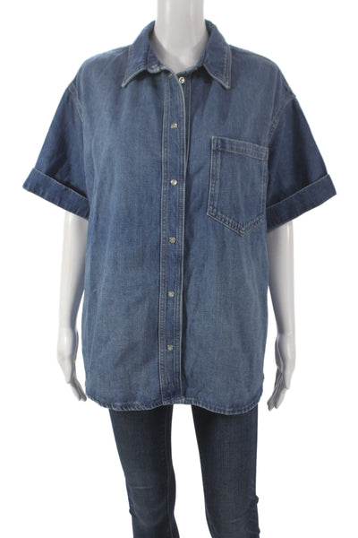 Zara Women Basic Collared Button-Up Blue Short Sleeve Cotton Shirt Size S