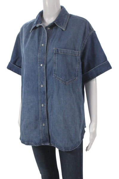 Zara Women Basic Collared Button-Up Blue Short Sleeve Cotton Shirt Size S