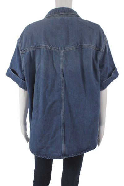 Zara Women Basic Collared Button-Up Blue Short Sleeve Cotton Shirt Size S