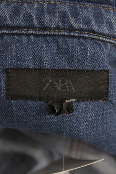Zara Women Basic Collared Button-Up Blue Short Sleeve Cotton Shirt Size S