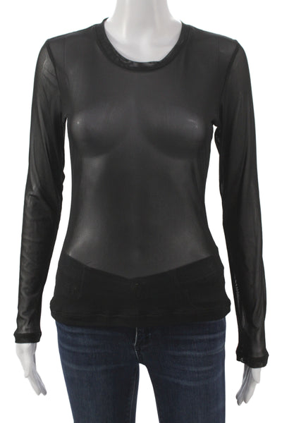 Stillwater Womens Black Sheer Mesh Basic Long Sleeve Crew Neck T-Shirt Size S