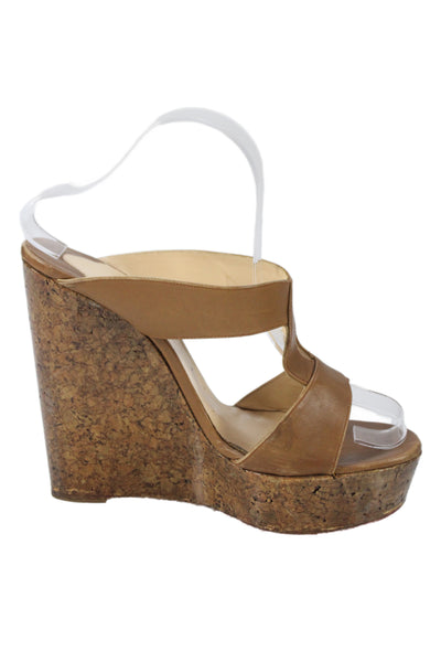 Christian Louboutin Womens Leather Cork Wedge Heels Brown Size 40