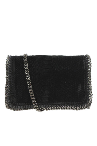 Stella McCartney Womens Suede Snakeskin Chain Crossbody Handbag Black Silver