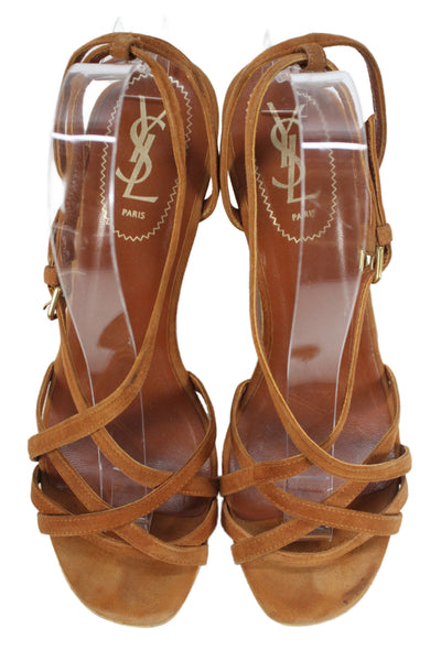 YSL Womens Leather Suede Wooden Platform Sandals Caramel Brown Size 10