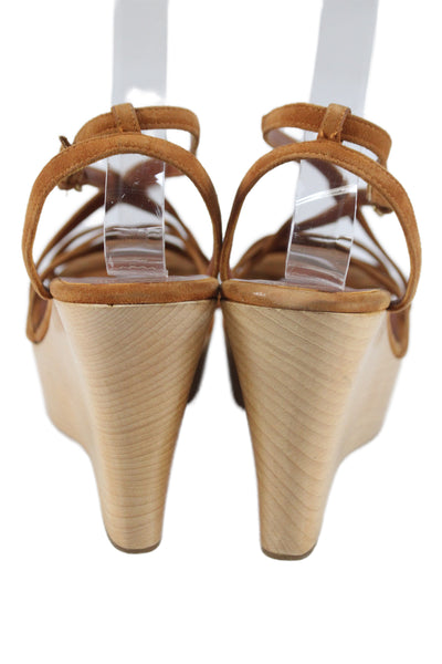 YSL Womens Leather Suede Wooden Platform Sandals Caramel Brown Size 10
