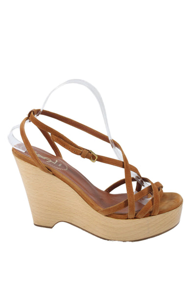 YSL Womens Leather Suede Wooden Platform Sandals Caramel Brown Size 10