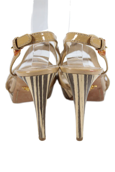 Prada Womens Leather Striped Strappy Stiletto Heels Light Brown Size 10