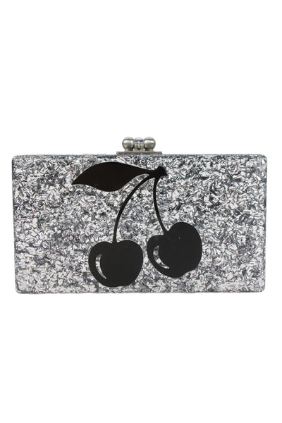 Edie Parker Womens Metal Cherry Diamond Print Clasp Clutch Handbag Silver