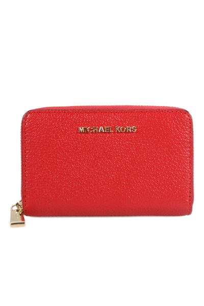 Michael Kors Womens Leather Gold Tone Zip Around Mini Card Wallet Red