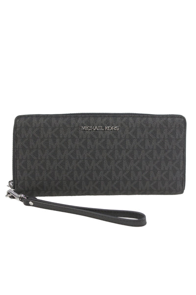 Michael Kors Womens Monogram Coated Canvas Zip Around Wristlet Wallet Black