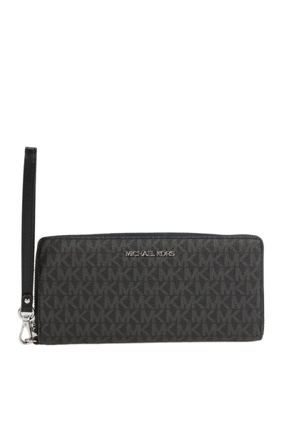 Michael Kors Womens Monogram Coated Canvas Zip Around Wristlet Wallet Black