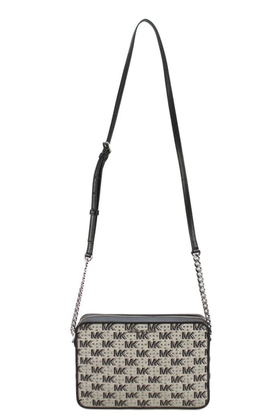 Michael Kors Womens Leather Trim Jeweled Crossbody Shoulder Handbag Black White