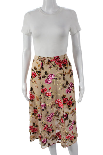 Alice + Olivia Women A-Line Floral Midi Viscose Skirt Beige Zip Size 0