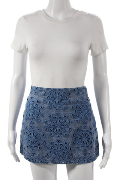 Alice + Olivia Women Mini Floral Cotton Skirt Blue Short Zip Size 24