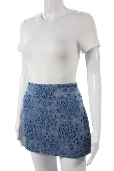 Alice + Olivia Women Mini Floral Cotton Skirt Blue Short Zip Size 24