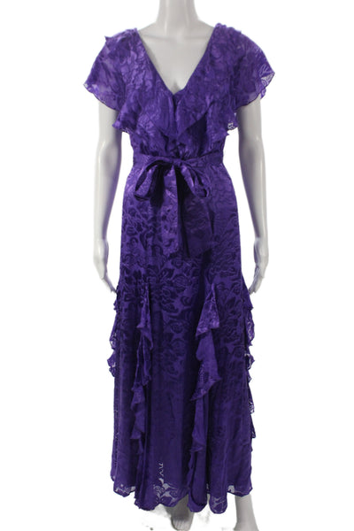 Alice + Olivia Women Maxi Dress Purple Floral V-Neck Short Sleeve Size 0