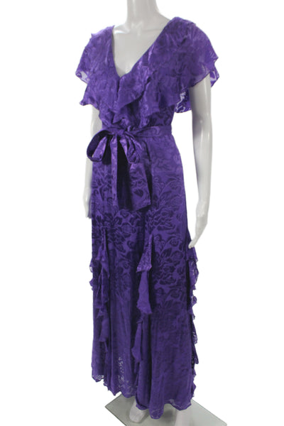 Alice + Olivia Women Maxi Dress Purple Floral V-Neck Short Sleeve Size 0