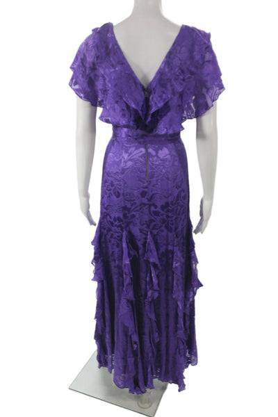 Alice + Olivia Women Maxi Dress Purple Floral V-Neck Short Sleeve Size 0