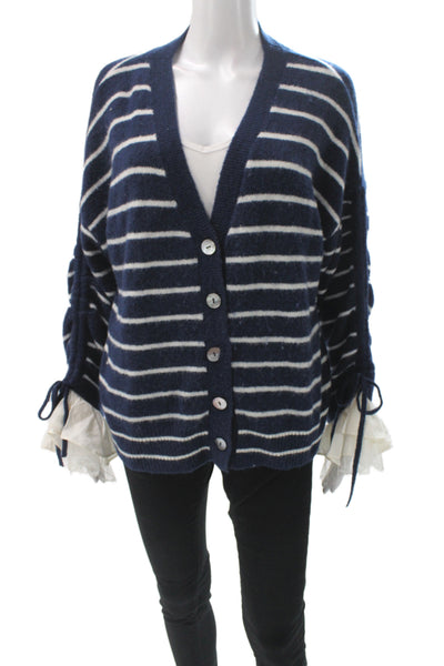 Cinq A Sept Womens Blue Striped V-Neck Cardigan Long Sleeve Preppy Size S