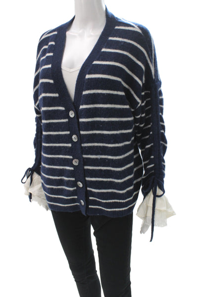Cinq A Sept Womens Blue Striped V-Neck Cardigan Long Sleeve Preppy Size S