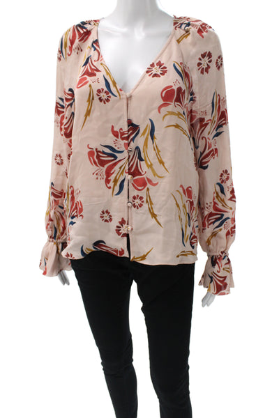Joie Women Silk Floral V-Neck Long Sleeve Basic Blouse Beige Size S