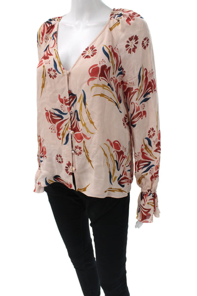 Joie Women Silk Floral V-Neck Long Sleeve Basic Blouse Beige Size S
