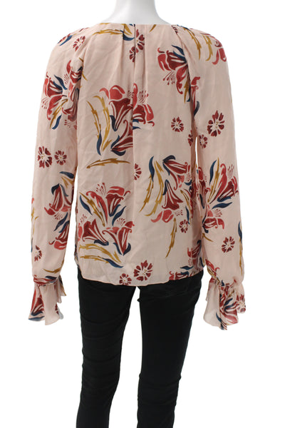 Joie Women Silk Floral V-Neck Long Sleeve Basic Blouse Beige Size S
