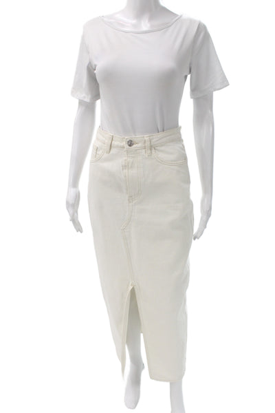 MNG Women Straight Pencil Denim Midi Skirt Ivory Button Closure Size XS