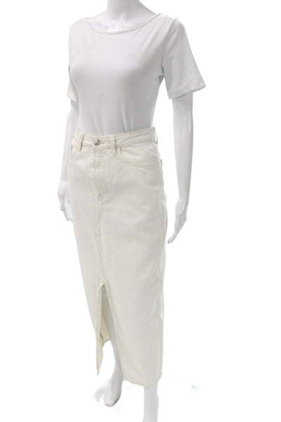 MNG Women Straight Pencil Denim Midi Skirt Ivory Button Closure Size XS