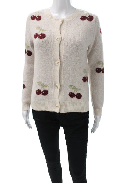 Bobeau Women Cardigan Ivory Floral Cherry Long Sleeve Round Neck Size PXS