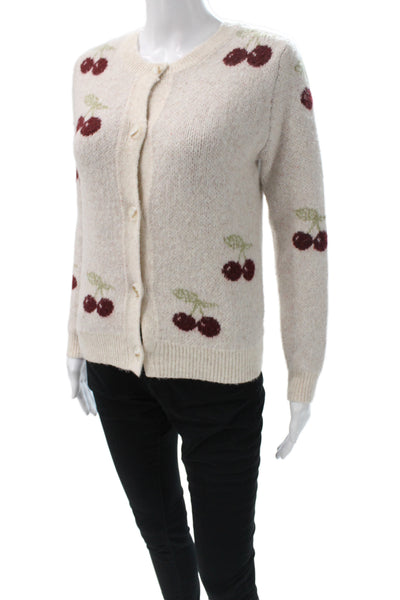 Bobeau Women Cardigan Ivory Floral Cherry Long Sleeve Round Neck Size PXS