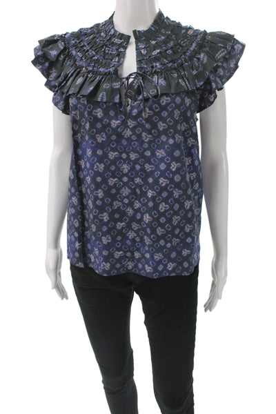 Ulla Johnson Womens Tunic Blue Cotton Geometric Short Sleeve Bohemian Size 4