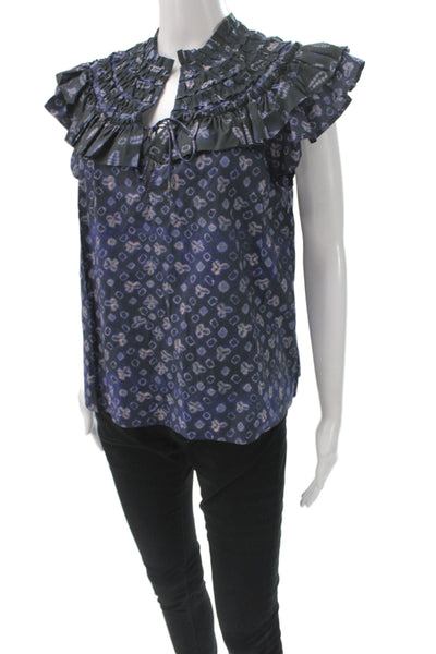 Ulla Johnson Womens Tunic Blue Cotton Geometric Short Sleeve Bohemian Size 4
