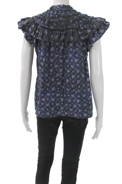 Ulla Johnson Womens Tunic Blue Cotton Geometric Short Sleeve Bohemian Size 4