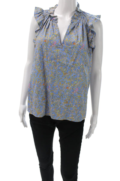 Xirena Women Camisole Blouse Blue Floral V-Neck Sleeveless Bohemian Size S