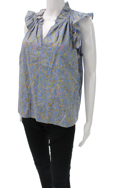 Xirena Women Camisole Blouse Blue Floral V-Neck Sleeveless Bohemian Size S