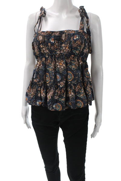 Xirena Women Camisole Blouse Blue Floral V-Neck Sleeveless Bohemian Size S