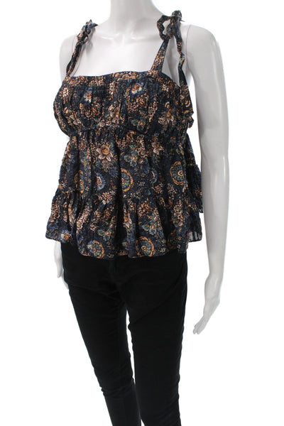 Xirena Women Camisole Blouse Blue Floral V-Neck Sleeveless Bohemian Size S