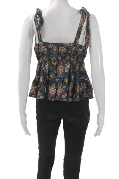 Xirena Women Camisole Blouse Blue Floral V-Neck Sleeveless Bohemian Size S