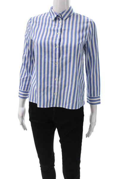 Zara Women Basic Striped Collared Button-Up Top Blue Long Sleeve Size XS