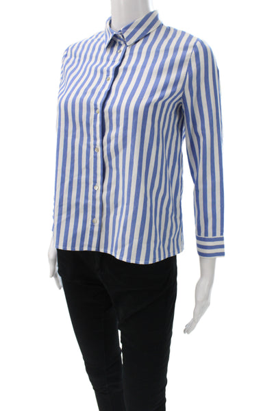 Zara Women Basic Striped Collared Button-Up Top Blue Long Sleeve Size XS