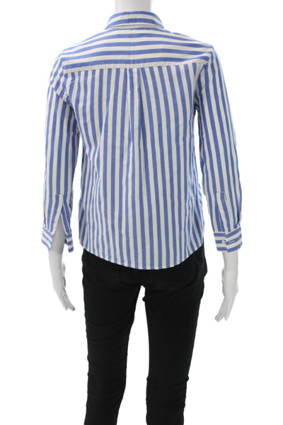Zara Women Basic Striped Collared Button-Up Top Blue Long Sleeve Size XS