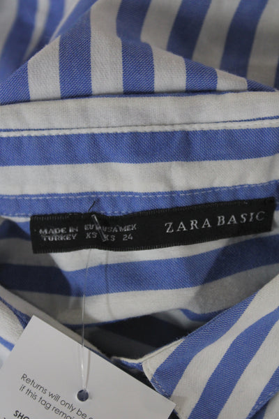Zara Women Basic Striped Collared Button-Up Top Blue Long Sleeve Size XS
