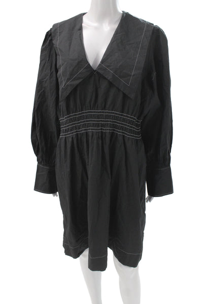 Ganni Women Black Cotton V-Neck Long Sleeve Mini Dress Knee Length Size 42